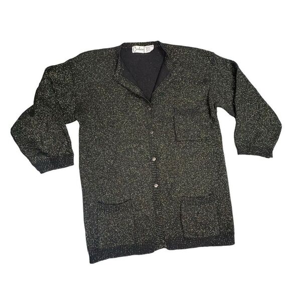 Vintage 80s Carducci Black Lambswool cardigan with gold and green sparkle Medium - Picture 4 of 8